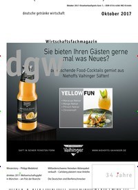 Titelbild der Ausgabe 10/2017 von dgw deutsche getränke wirtschaft. Diese Zeitschrift und viele weitere Gastronomiezeitschriften, Fashionmagazine, Beautymagazine als Abo oder epaper bei United Kiosk online kaufen.