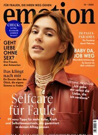 Titelbild der Ausgabe 10/2022 von emotion. Diese Zeitschrift und viele weitere Frauenzeitschriften als Abo oder epaper bei United Kiosk online kaufen.