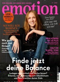 Titelbild der Ausgabe 11/2021 von emotion. Diese Zeitschrift und viele weitere Frauenzeitschriften als Abo oder epaper bei United Kiosk online kaufen.