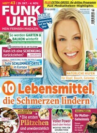 Titelbild der Ausgabe 43/2022 von Funk Uhr. Diese Zeitschrift und viele weitere Programmzeitschriften als Abo oder epaper bei United Kiosk online kaufen.