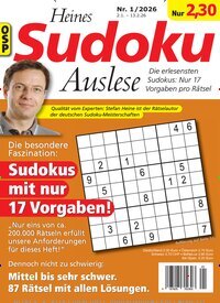 Titelbild der Ausgabe 1/2026 von Heines Sudoku Auslese. Diese Zeitschrift und viele weitere Groschenromane und Rätselhefte als Abo oder epaper bei United Kiosk online kaufen.