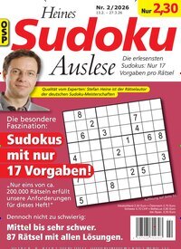 Titelbild der Ausgabe 2/2026 von Heines Sudoku Auslese. Diese Zeitschrift und viele weitere Groschenromane und Rätselhefte als Abo oder epaper bei United Kiosk online kaufen.
