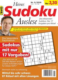 Titelbild der Ausgabe 5/2026 von Heines Sudoku Auslese. Diese Zeitschrift und viele weitere Groschenromane und Rätselhefte als Abo oder epaper bei United Kiosk online kaufen.