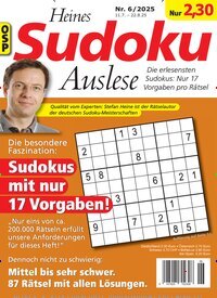 Titelbild der Ausgabe 6/2025 von Heines Sudoku Auslese. Diese Zeitschrift und viele weitere Groschenromane und Rätselhefte als Abo oder epaper bei United Kiosk online kaufen.