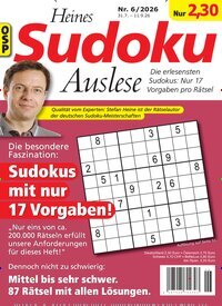 Titelbild der Ausgabe 6/2026 von Heines Sudoku Auslese. Diese Zeitschrift und viele weitere Groschenromane und Rätselhefte als Abo oder epaper bei United Kiosk online kaufen.