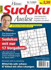 Titelbild der Ausgabe 7/2026 von Heines Sudoku Auslese. Diese Zeitschrift und viele weitere Groschenromane und Rätselhefte als Abo oder epaper bei United Kiosk online kaufen.
