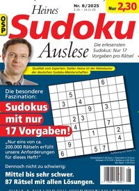 Titelbild der Ausgabe 8/2025 von Heines Sudoku Auslese. Diese Zeitschrift und viele weitere Groschenromane und Rätselhefte als Abo oder epaper bei United Kiosk online kaufen.