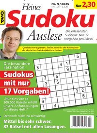 Titelbild der Ausgabe 9/2025 von Heines Sudoku Auslese. Diese Zeitschrift und viele weitere Groschenromane und Rätselhefte als Abo oder epaper bei United Kiosk online kaufen.