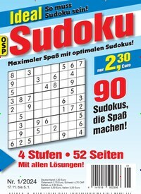 Titelbild der Ausgabe 1/2024 von Ideal Sudoku. Diese Zeitschrift und viele weitere Groschenromane und Rätselhefte als Abo oder epaper bei United Kiosk online kaufen.