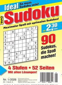 Titelbild der Ausgabe 1/2026 von Ideal Sudoku. Diese Zeitschrift und viele weitere Groschenromane und Rätselhefte als Abo oder epaper bei United Kiosk online kaufen.