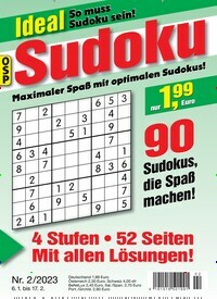 Titelbild der Ausgabe 2/2023 von Ideal Sudoku. Diese Zeitschrift und viele weitere Groschenromane und Rätselhefte als Abo oder epaper bei United Kiosk online kaufen.