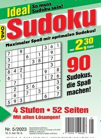 Titelbild der Ausgabe 5/2023 von Ideal Sudoku. Diese Zeitschrift und viele weitere Groschenromane und Rätselhefte als Abo oder epaper bei United Kiosk online kaufen.