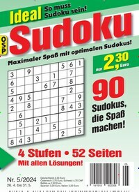 Titelbild der Ausgabe 5/2024 von Ideal Sudoku. Diese Zeitschrift und viele weitere Groschenromane und Rätselhefte als Abo oder epaper bei United Kiosk online kaufen.