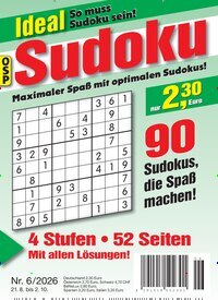 Titelbild der Ausgabe 6/2026 von Ideal Sudoku. Diese Zeitschrift und viele weitere Groschenromane und Rätselhefte als Abo oder epaper bei United Kiosk online kaufen.