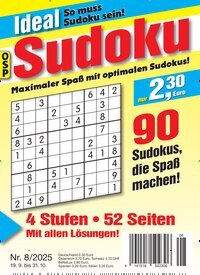 Titelbild der Ausgabe 8/2025 von Ideal Sudoku. Diese Zeitschrift und viele weitere Groschenromane und Rätselhefte als Abo oder epaper bei United Kiosk online kaufen.