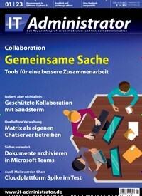 Titelbild der Ausgabe 1/2023 von IT Administrator. Diese Zeitschrift und viele weitere Computerzeitschriften, Tabletmagazine und Smartphonemagazine als Abo oder epaper bei United Kiosk online kaufen.