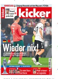Titelbild der Ausgabe 47/2025 von kicker. Diese Zeitschrift und viele weitere Sportmagazine als Abo oder epaper bei United Kiosk online kaufen.