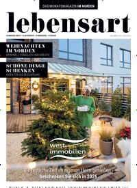Titelbild der Ausgabe 12/2025 von lebensart - Hamburg West, Elbvororte, Pinneberg, Itzehoe. Diese Zeitschrift und viele weitere Lifestylemagazine und Peoplemagazine als Abo oder epaper bei United Kiosk online kaufen.
