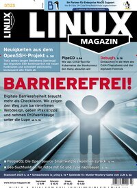 Titelbild der Ausgabe 7/2025 von Linux Magazin. Diese Zeitschrift und viele weitere Computerzeitschriften, Tabletmagazine und Smartphonemagazine als Abo oder epaper bei United Kiosk online kaufen.