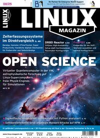 Titelbild der Ausgabe 8/2025 von Linux Magazin. Diese Zeitschrift und viele weitere Computerzeitschriften, Tabletmagazine und Smartphonemagazine als Abo oder epaper bei United Kiosk online kaufen.