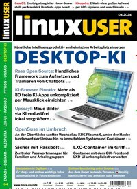 Titelbild der Ausgabe 4/2024 von LinuxUser. Diese Zeitschrift und viele weitere Computerzeitschriften, Tabletmagazine und Smartphonemagazine als Abo oder epaper bei United Kiosk online kaufen.