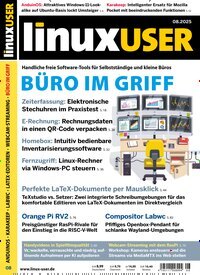 Titelbild der Ausgabe 8/2025 von LinuxUser. Diese Zeitschrift und viele weitere Computerzeitschriften, Tabletmagazine und Smartphonemagazine als Abo oder epaper bei United Kiosk online kaufen.
