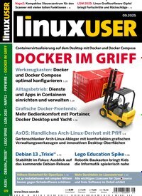 Titelbild der Ausgabe 9/2025 von LinuxUser. Diese Zeitschrift und viele weitere Computerzeitschriften, Tabletmagazine und Smartphonemagazine als Abo oder epaper bei United Kiosk online kaufen.