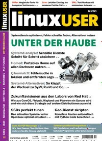 Titelbild der Ausgabe 12/2021 von LinuxUser. Diese Zeitschrift und viele weitere Computerzeitschriften, Tabletmagazine und Smartphonemagazine als Abo oder epaper bei United Kiosk online kaufen.
