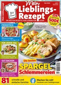 Titelbild der Ausgabe 5/2024 von Mein Lieblings-Rezept. Diese Zeitschrift und viele weitere Kochzeitschriften und Backzeitschriften als Abo oder epaper bei United Kiosk online kaufen.