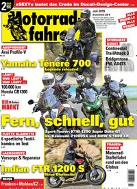 Titelbild der Ausgabe 7/2019 von Motorrad News. Diese Zeitschrift und viele weitere Automagazine und Motorradzeitschriften als Abo oder epaper bei United Kiosk online kaufen.