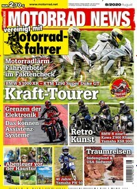 Titelbild der Ausgabe 8/2020 von Motorrad News. Diese Zeitschrift und viele weitere Automagazine und Motorradzeitschriften als Abo oder epaper bei United Kiosk online kaufen.