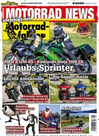 Titelbild der Ausgabe 9/2020 von Motorrad News. Diese Zeitschrift und viele weitere Automagazine und Motorradzeitschriften als Abo oder epaper bei United Kiosk online kaufen.