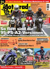 Titelbild der Ausgabe 11/2019 von Motorrad News. Diese Zeitschrift und viele weitere Automagazine und Motorradzeitschriften als Abo oder epaper bei United Kiosk online kaufen.