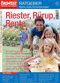 Titelbild der Ausgabe 7/2008 von ÖKO-TEST Ratgeber Rente, Geld, Versicherungen. Diese Zeitschrift und viele weitere Wirtschaftsmagazine und Politikmagazine als Abo oder epaper bei United Kiosk online kaufen.