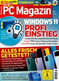 Titelbild der Ausgabe 1/2022 von PC Magazin. Diese Zeitschrift und viele weitere Computerzeitschriften, Tabletmagazine und Smartphonemagazine als Abo oder epaper bei United Kiosk online kaufen.