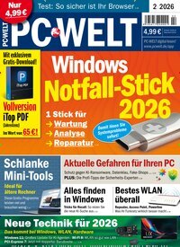 Titelbild der Ausgabe 2/2026 von PC Welt. Diese Zeitschrift und viele weitere Computerzeitschriften, Tabletmagazine und Smartphonemagazine als Abo oder epaper bei United Kiosk online kaufen.