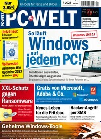 Titelbild der Ausgabe 7/2023 von PC Welt. Diese Zeitschrift und viele weitere Computerzeitschriften, Tabletmagazine und Smartphonemagazine als Abo oder epaper bei United Kiosk online kaufen.