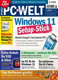Titelbild der Ausgabe 8/2025 von PC Welt. Diese Zeitschrift und viele weitere Computerzeitschriften, Tabletmagazine und Smartphonemagazine als Abo oder epaper bei United Kiosk online kaufen.