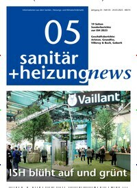 Titelbild der Ausgabe 5/2023 von sanitär + heizung news. Diese Zeitschrift und viele weitere Architekturzeitschriften und Bauzeitschriften als Abo oder epaper bei United Kiosk online kaufen.