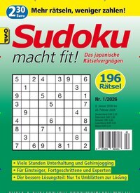 Titelbild der Ausgabe 1/2026 von Sudoku macht fit. Diese Zeitschrift und viele weitere Groschenromane und Rätselhefte als Abo oder epaper bei United Kiosk online kaufen.