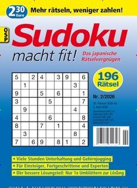 Titelbild der Ausgabe 2/2026 von Sudoku macht fit. Diese Zeitschrift und viele weitere Groschenromane und Rätselhefte als Abo oder epaper bei United Kiosk online kaufen.