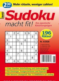 Titelbild der Ausgabe 6/2026 von Sudoku macht fit. Diese Zeitschrift und viele weitere Groschenromane und Rätselhefte als Abo oder epaper bei United Kiosk online kaufen.
