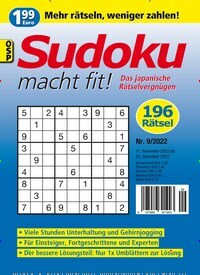 Titelbild der Ausgabe 9/2022 von Sudoku macht fit. Diese Zeitschrift und viele weitere Groschenromane und Rätselhefte als Abo oder epaper bei United Kiosk online kaufen.