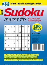 Titelbild der Ausgabe 9/2023 von Sudoku macht fit. Diese Zeitschrift und viele weitere Groschenromane und Rätselhefte als Abo oder epaper bei United Kiosk online kaufen.