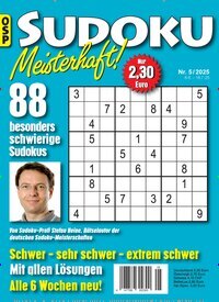 Titelbild der Ausgabe 5/2025 von Sudoku Meisterhaft. Diese Zeitschrift und viele weitere Groschenromane und Rätselhefte als Abo oder epaper bei United Kiosk online kaufen.