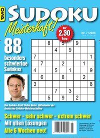 Titelbild der Ausgabe 7/2025 von Sudoku Meisterhaft. Diese Zeitschrift und viele weitere Groschenromane und Rätselhefte als Abo oder epaper bei United Kiosk online kaufen.