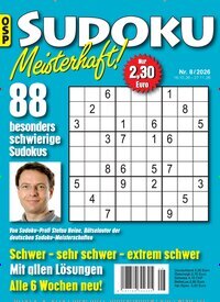 Titelbild der Ausgabe 8/2026 von Sudoku Meisterhaft. Diese Zeitschrift und viele weitere Groschenromane und Rätselhefte als Abo oder epaper bei United Kiosk online kaufen.