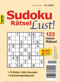 Titelbild der Ausgabe 2/2026 von Sudoku Rätsel Lust. Diese Zeitschrift und viele weitere Groschenromane und Rätselhefte als Abo oder epaper bei United Kiosk online kaufen.