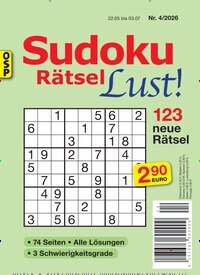 Titelbild der Ausgabe 4/2026 von Sudoku Rätsel Lust. Diese Zeitschrift und viele weitere Groschenromane und Rätselhefte als Abo oder epaper bei United Kiosk online kaufen.