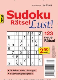 Titelbild der Ausgabe 6/2026 von Sudoku Rätsel Lust. Diese Zeitschrift und viele weitere Groschenromane und Rätselhefte als Abo oder epaper bei United Kiosk online kaufen.
